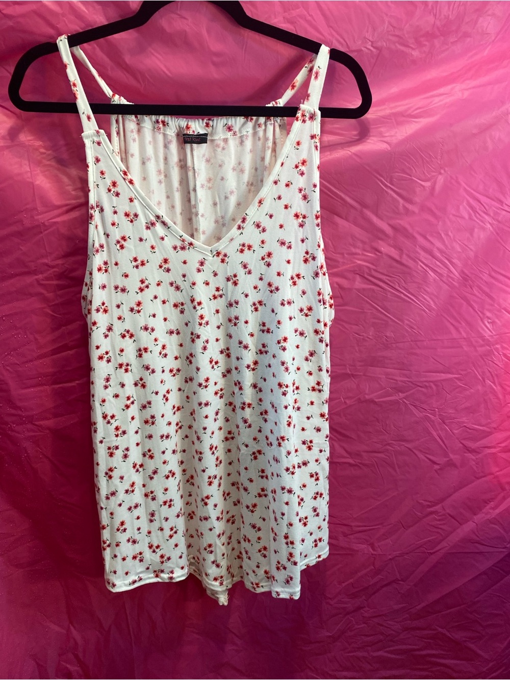 First Love White V-Neck Tank Top with Red Floral Print